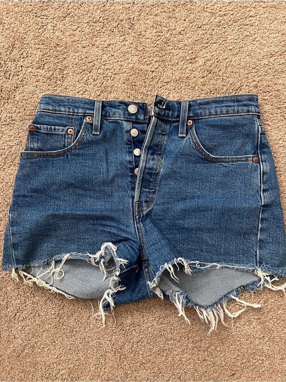 Levi's Dark Blue Button-Fly Frayed Hem Jean Shorts